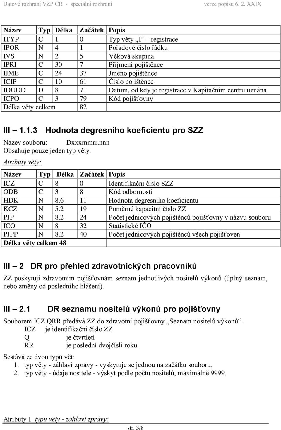 nnn Obsahuje pouze jeden typ věty. Atributy věty: ICZ C 8 0 Identifikační číslo SZZ ODB C 3 8 Kód odbornosti HDK N 8.6 11 Hodnota degresního koeficientu KCZ N 5.