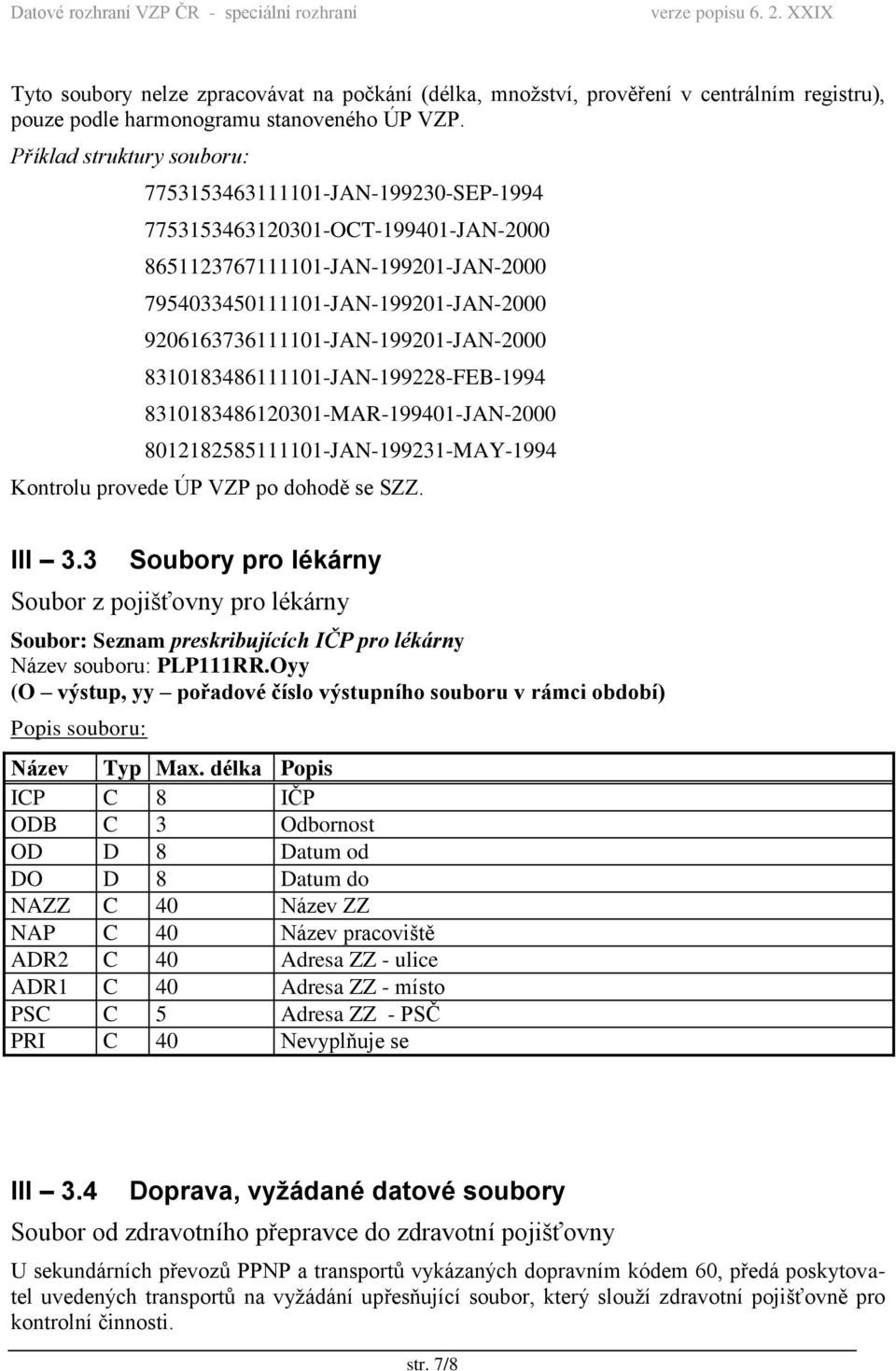9206163736111101-JAN-199201-JAN-2000 8310183486111101-JAN-199228-FEB-1994 8310183486120301-MAR-199401-JAN-2000 8012182585111101-JAN-199231-MAY-1994 Kontrolu provede ÚP VZP po dohodě se SZZ. III 3.