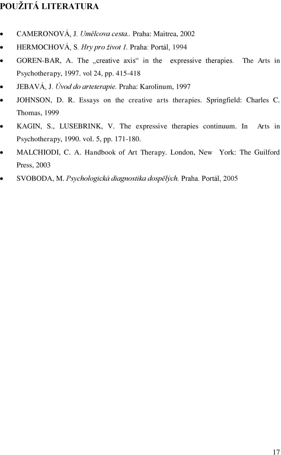 Praha: Karolinum, 1997 JOHNSON, D. R. Essays on the creative arts therapies. Springfield: Charles C. Thomas, 1999 KAGIN, S., LUSEBRINK, V.