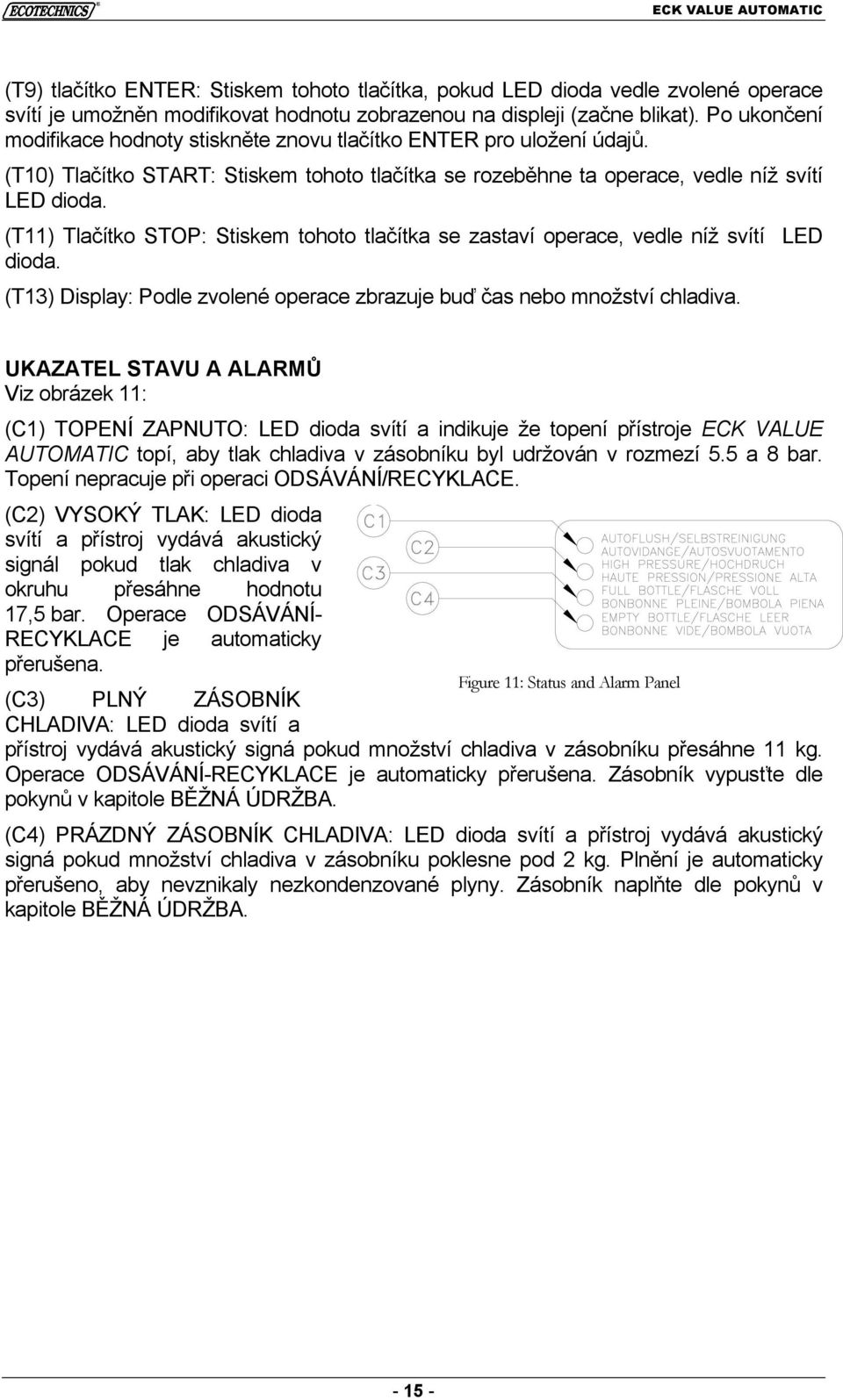 (T11) Tlačítko STOP: Stiskem tohoto tlačítka se zastaví operace, vedle níž svítí LED dioda. (T13) Display: Podle zvolené operace zbrazuje buď čas nebo množství chladiva.