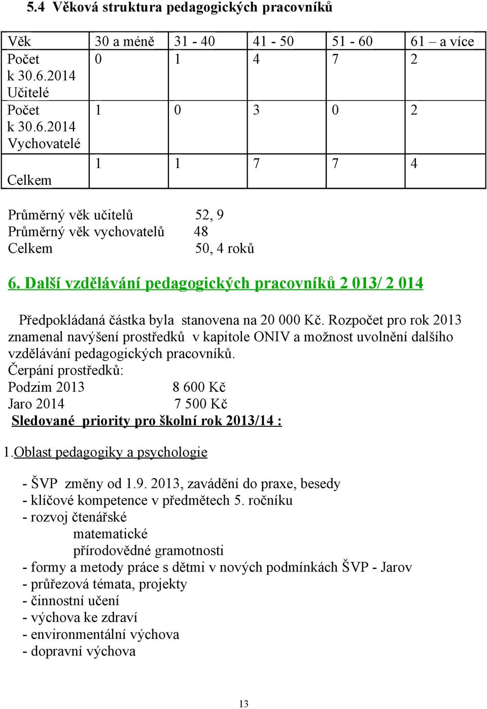 Rozpočet pro rok 2013 znamenal navýšení prostředků v kapitole ONIV a možnost uvolnění dalšího vzdělávání pedagogických pracovníků.