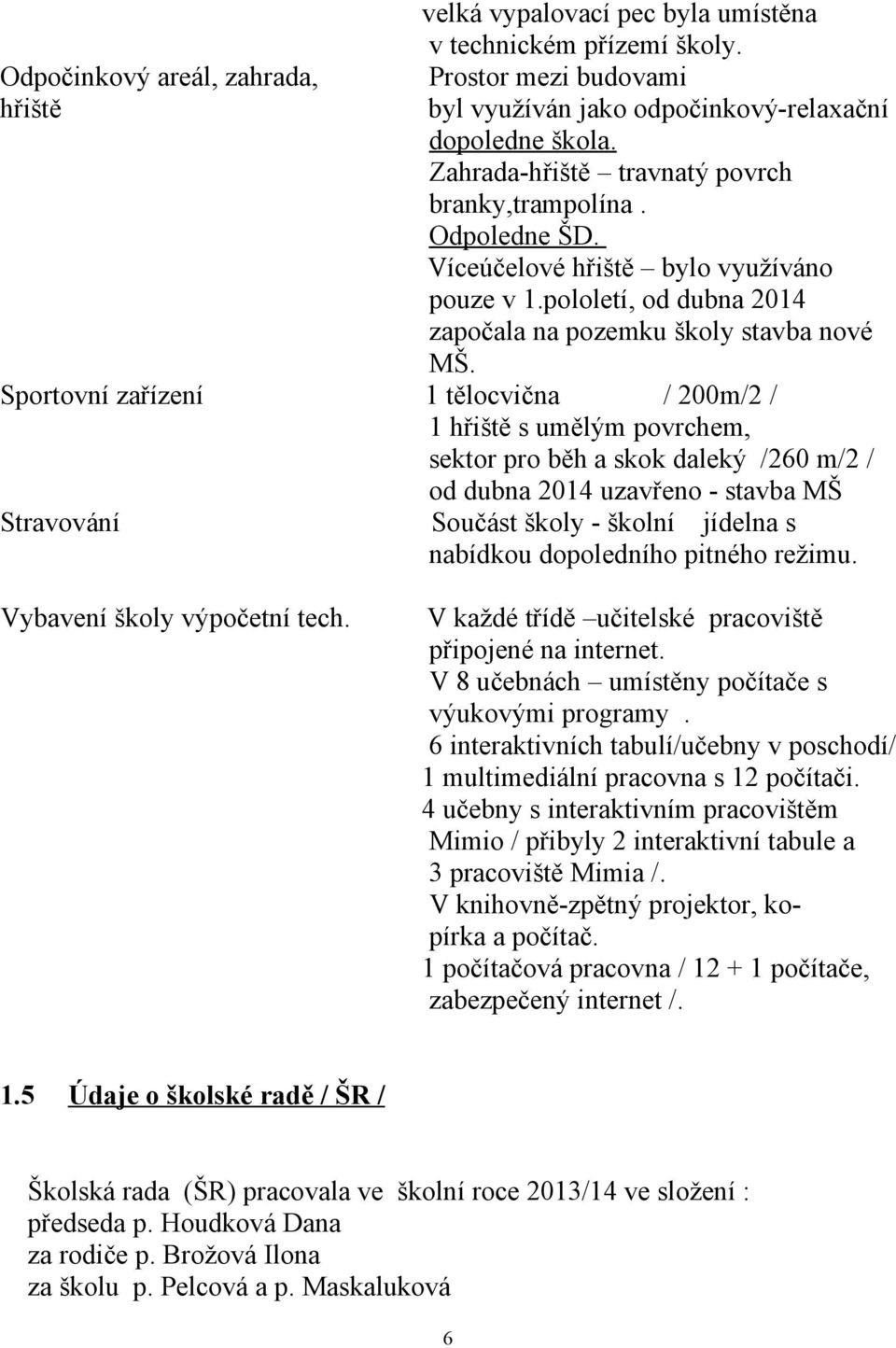 Sportovní zařízení 1 tělocvična / 200m/2 / 1 hřiště s umělým povrchem, sektor pro běh a skok daleký /260 m/2 / od dubna 2014 uzavřeno - stavba MŠ Stravování Součást školy - školní jídelna s nabídkou