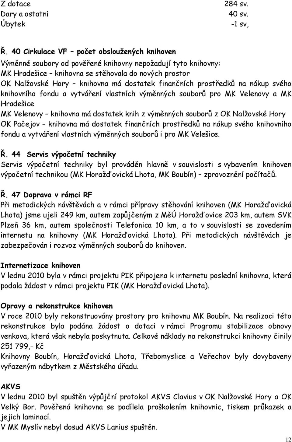 finančních prostředků na nákup svého knihovního fondu a vytváření vlastních výměnných souborů pro MK Velenovy a MK Hradešice MK Velenovy knihovna má dostatek knih z výměnných souborů z OK Nalžovské