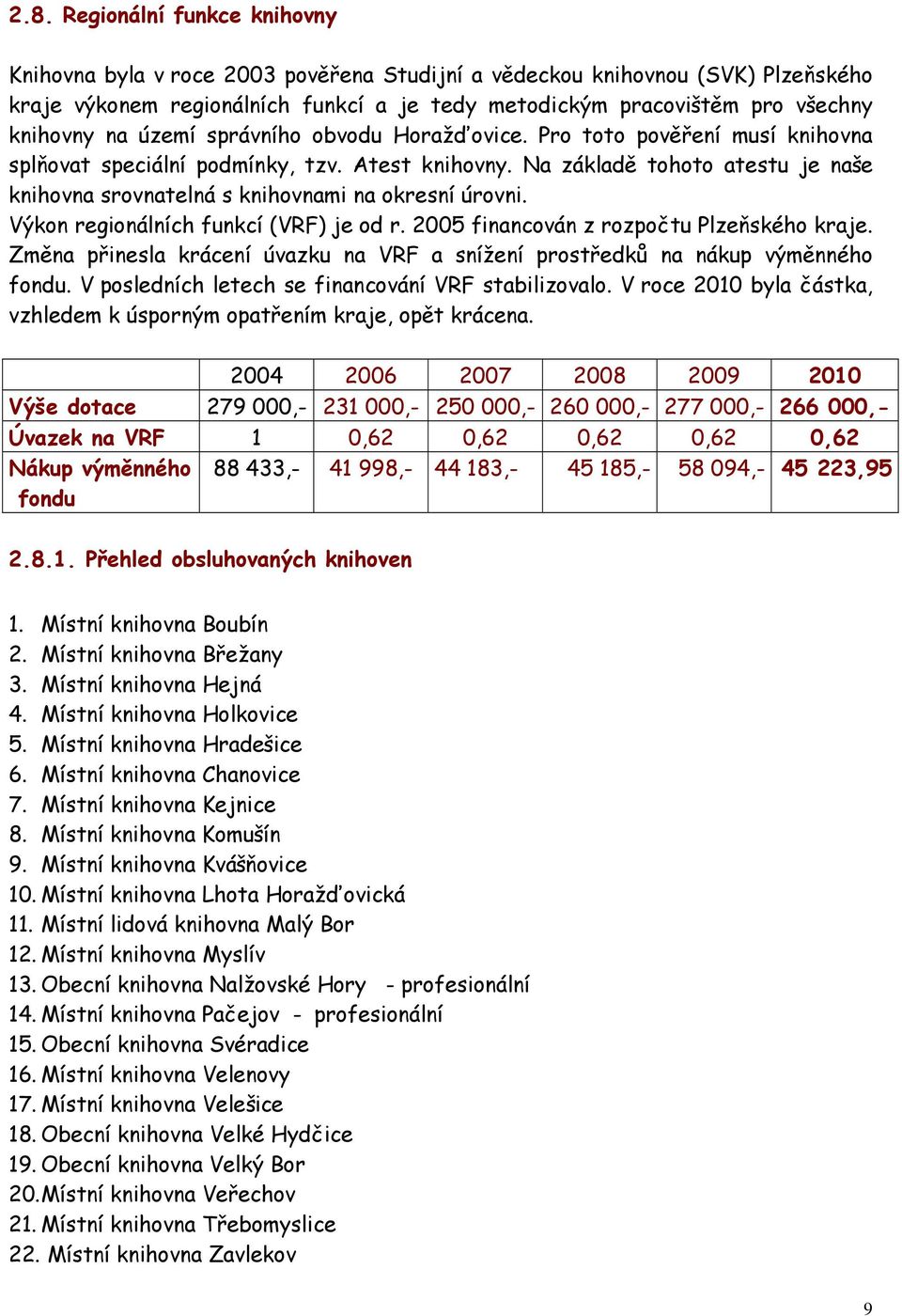 Na základě tohoto atestu je naše knihovna srovnatelná s knihovnami na okresní úrovni. Výkon regionálních funkcí (VRF) je od r. 2005 financován z rozpočtu Plzeňského kraje.