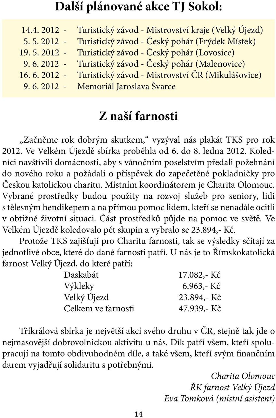 Ve Velkém Újezdě sbírka proběhla od 6. do 8. ledna 2012.