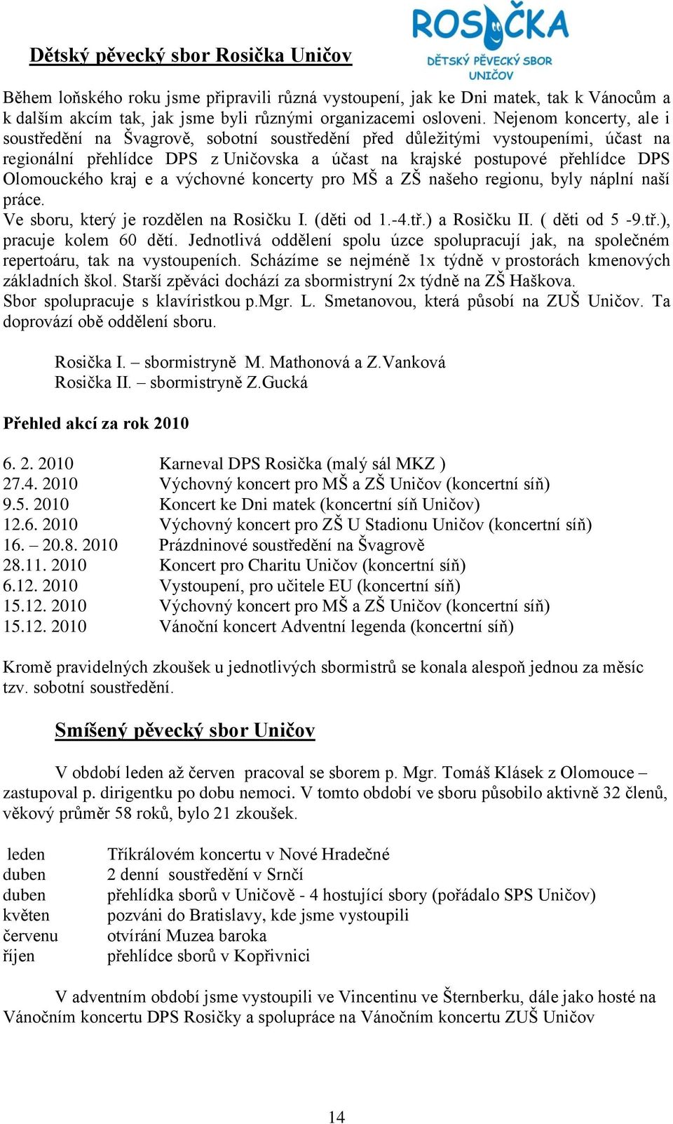 kraj e a výchovné koncerty pro MŠ a ZŠ našeho regionu, byly náplní naší práce. Ve sboru, který je rozdělen na Rosičku I. (děti od 1.-4.tř.) a Rosičku II. ( děti od 5-9.tř.), pracuje kolem 60 dětí.