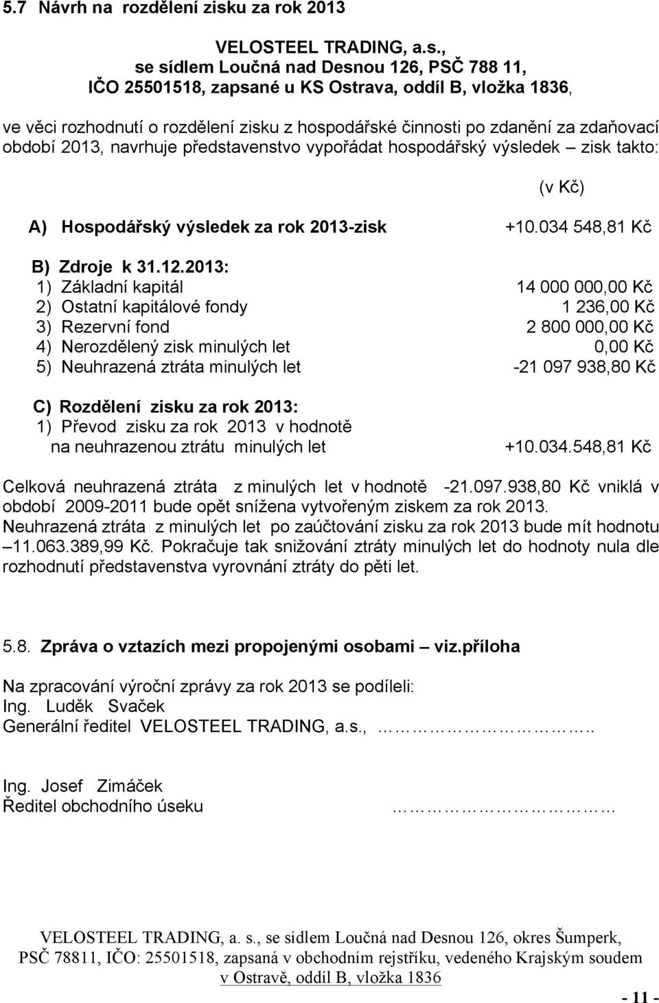 , se sídlem Loučná nad Desnou 126, PSČ 788 11, IČO 25501518, zapsané u KS Ostrava, oddíl B, vložka 1836, ve věci rozhodnutí o rozdělení zisku z hospodářské činnosti po zdanění za zdaňovací období