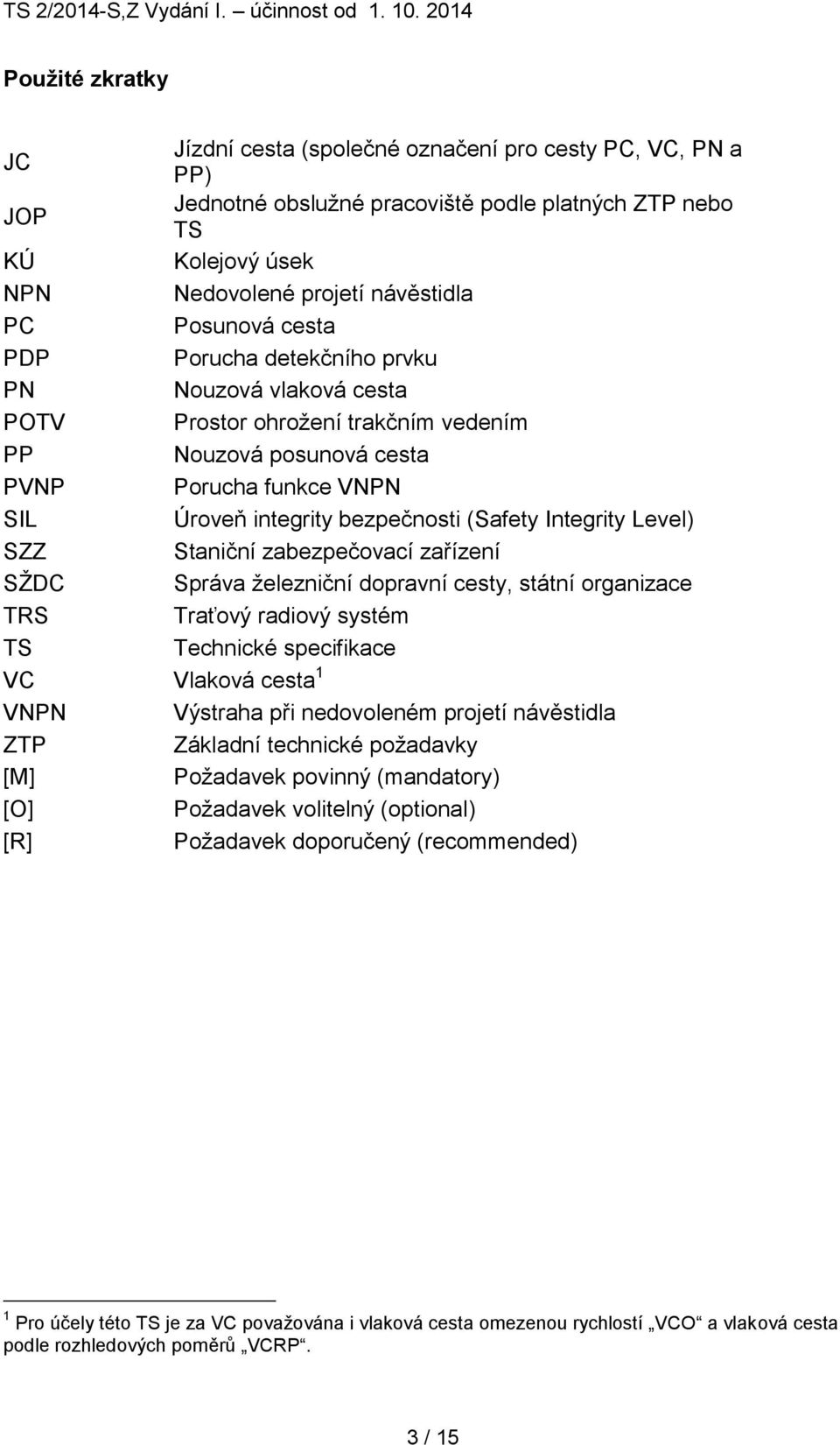 Integrity Level) SZZ Staniční zabezpečovací zařízení SŽDC Správa železniční dopravní cesty, státní organizace TRS Traťový radiový systém TS Technické specifikace VC Vlaková cesta 1 VNPN Výstraha při