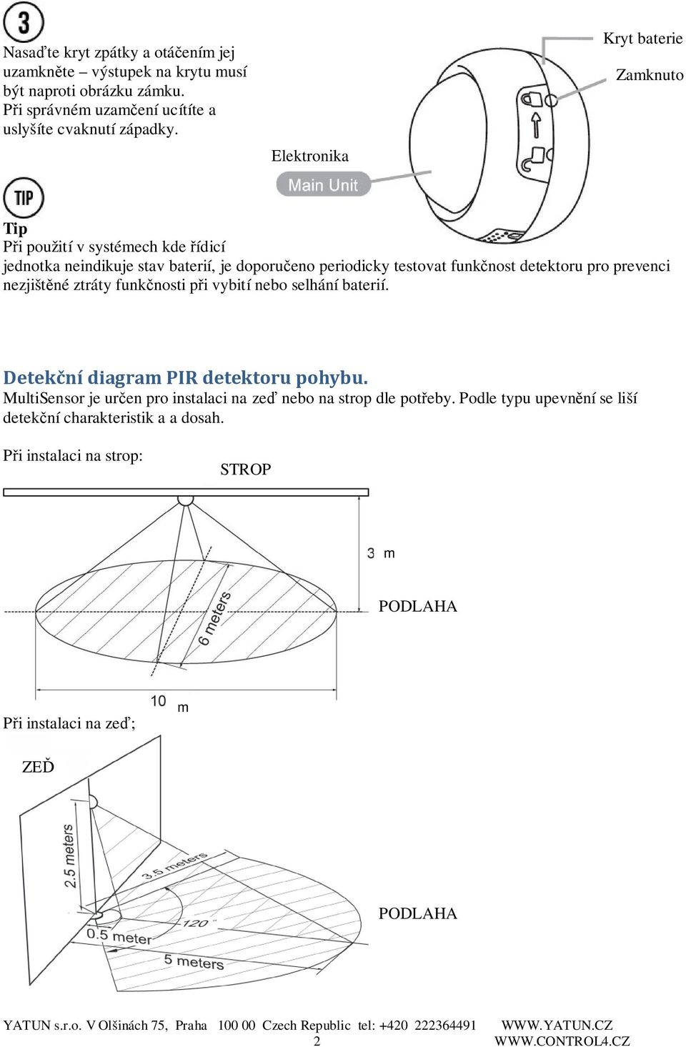 pro prevenci nezjištěné ztráty funkčnosti při vybití nebo selhání baterií. Detekční diagram PIR detektoru pohybu.