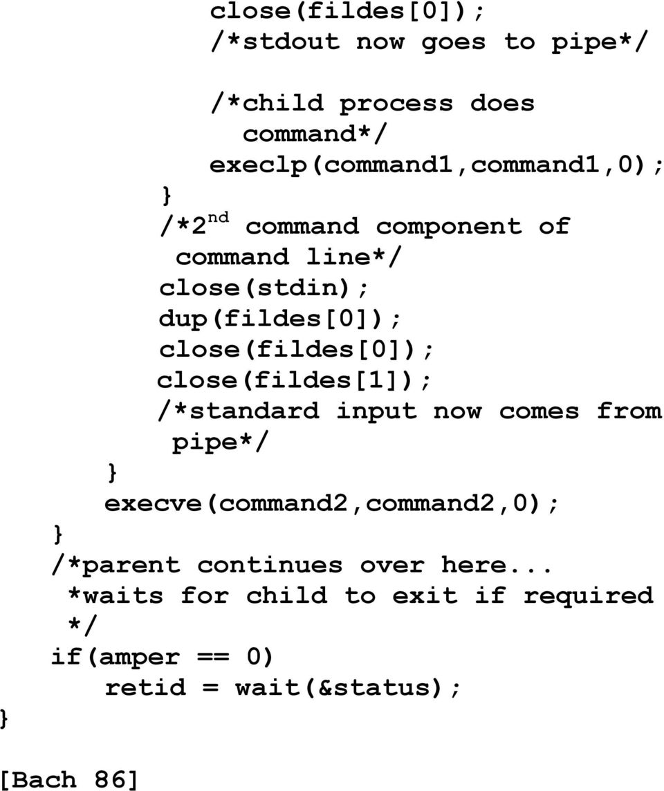 dup(fildes[0]); close(fildes[0]); close(fildes[1]); /*standard input now comes from pipe*/