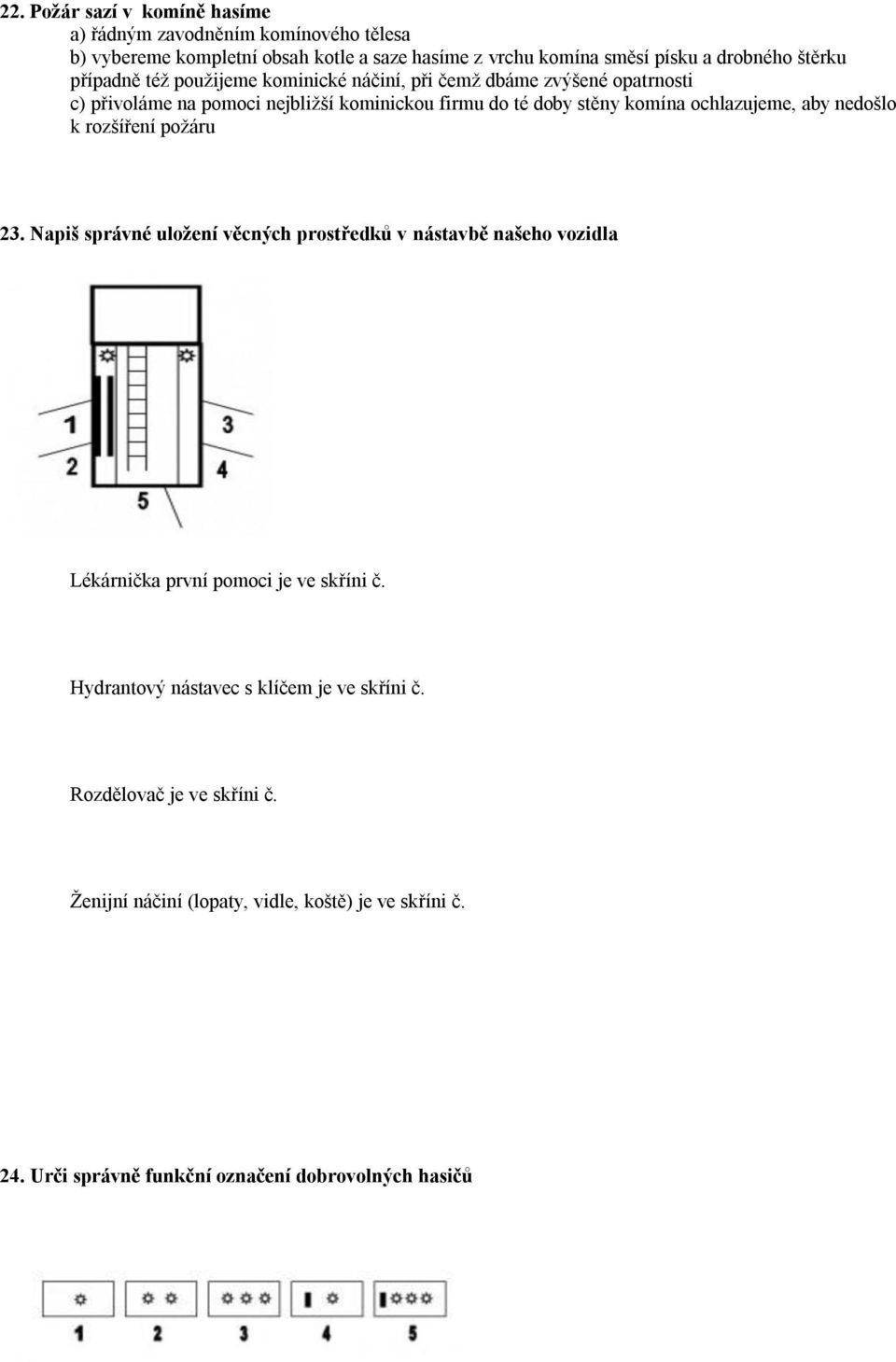 ochlazujeme, aby nedošlo k rozšíření požáru 23. Napiš správné uložení věcných prostředků v nástavbě našeho vozidla Lékárnička první pomoci je ve skříni č.
