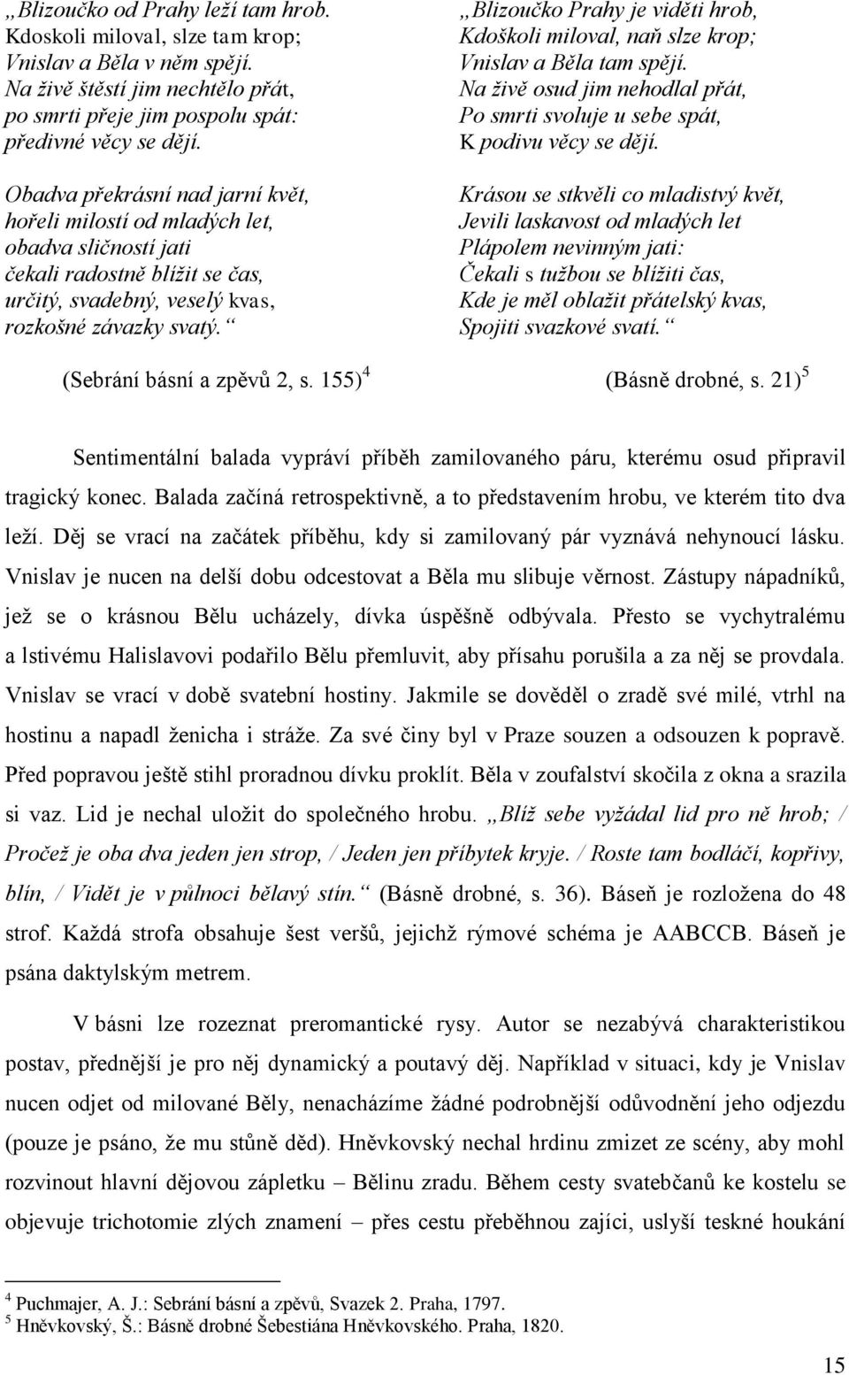 Blizoučko Prahy je viděti hrob, Kdoškoli miloval, naň slze krop; Vnislav a Běla tam spějí. Na ţivě osud jim nehodlal přát, Po smrti svoluje u sebe spát, K podivu věcy se dějí.