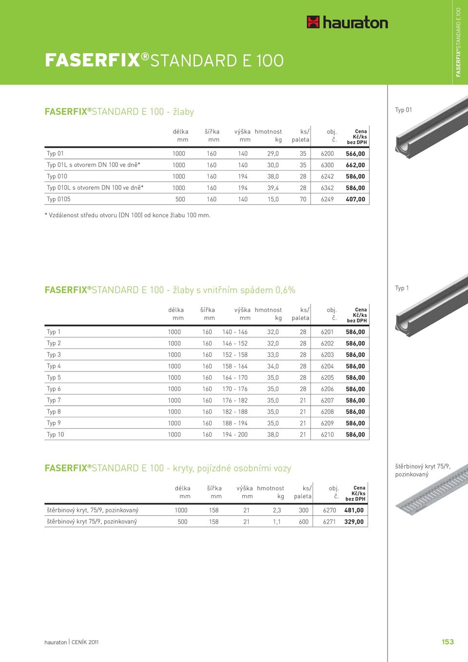 FASERFIX STANDARD E 100 - žlaby s vnitřním spádem 0,6% Typ 1 Typ 1 1000 160 140-146 32,0 28 6201 586,00 Typ 2 1000 160 146-152 32,0 28 6202 586,00 Typ 3 1000 160 152-158 33,0 28 6203 586,00 Typ 4