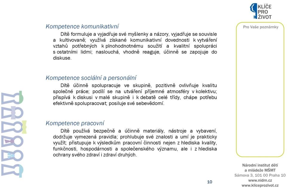 Kompetence sociální a personální Dítě účinně spolupracuje ve skupině, pozitivně ovlivňuje kvalitu společné práce; podílí se na utváření příjemné atmosféry v kolektivu; přispívá k diskusi v malé