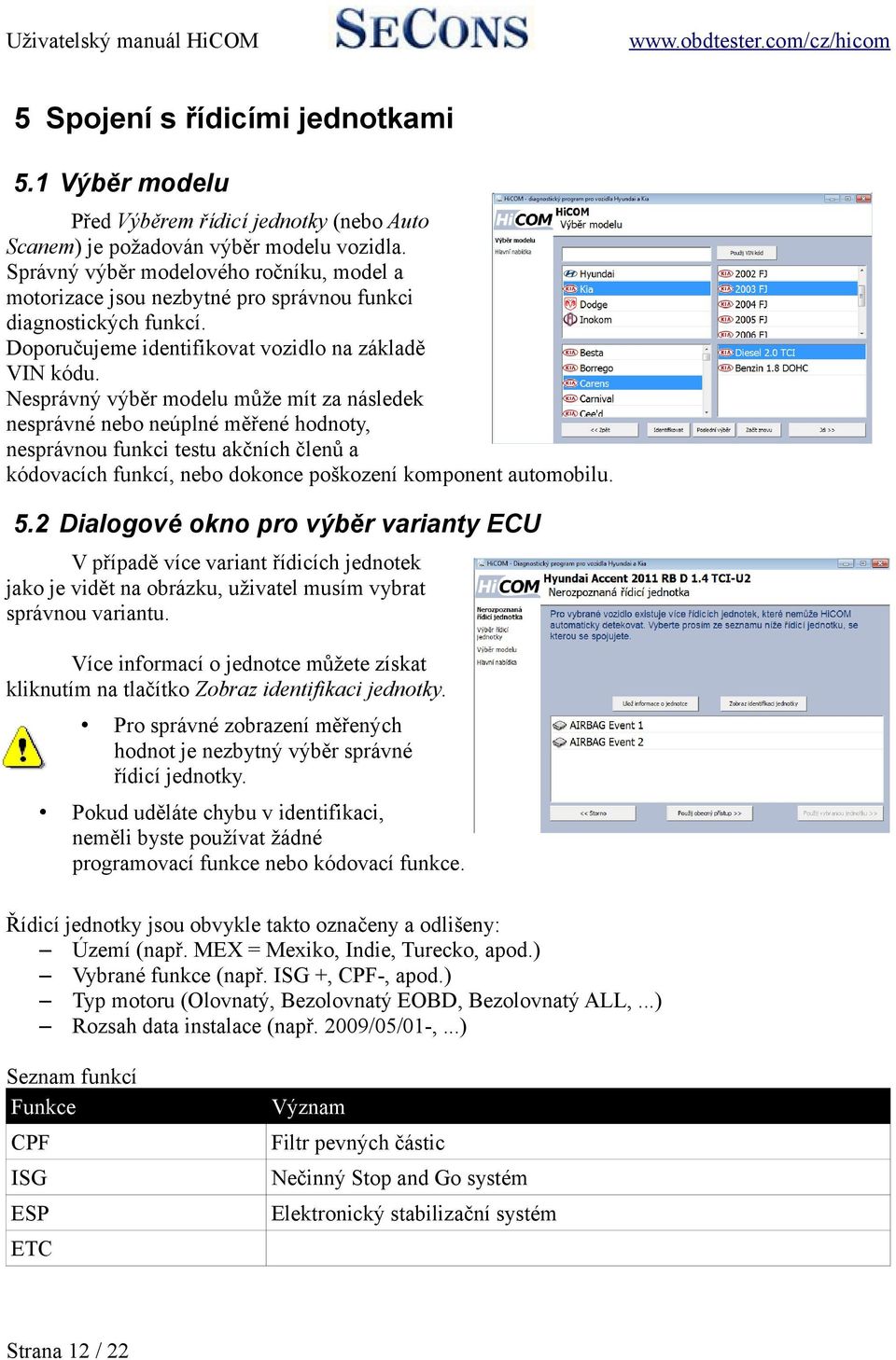 Nesprávný výběr modelu může mít za následek nesprávné nebo neúplné měřené hodnoty, nesprávnou funkci testu akčních členů a kódovacích funkcí, nebo dokonce poškození komponent automobilu. 5.