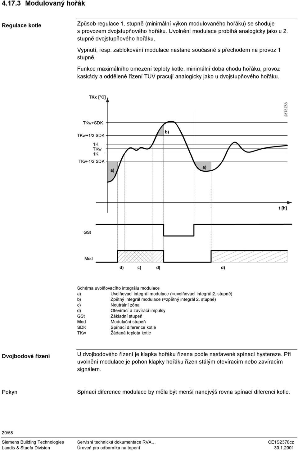 Funkce maximálního omezení teploty kotle, minimální doba chodu hořáku, provoz kaskády a oddělené řízení TUV pracují analogicky jako u dvojstupňového hořáku.