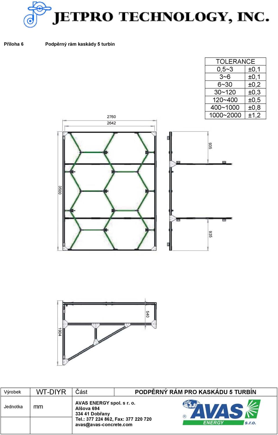 Výrobek WT-DIYR Část PODPĚRNÝ RÁM PRO KASKÁDU 5 TURBÍN Jednotka mm AVAS ENERGY spol.