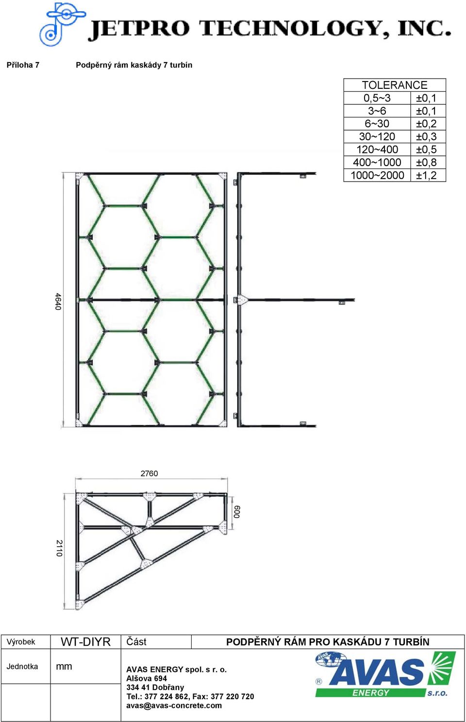 WT-DIYR Část PODPĚRNÝ RÁM PRO KASKÁDU 7 TURBÍN Jednotka mm AVAS ENERGY spol. s r.