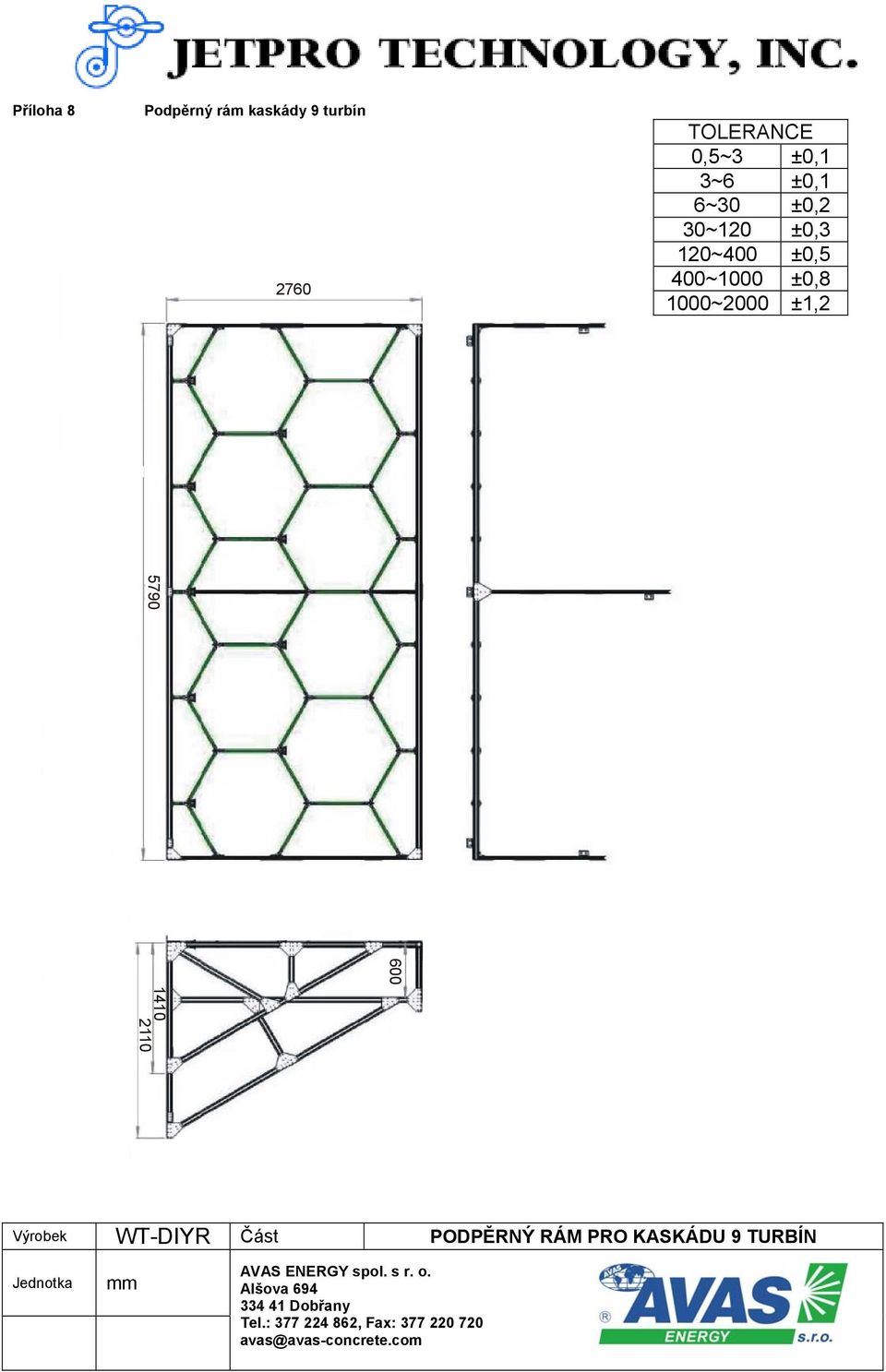 Výrobek WT-DIYR Část PODPĚRNÝ RÁM PRO KASKÁDU 9 TURBÍN Jednotka mm AVAS ENERGY spol.