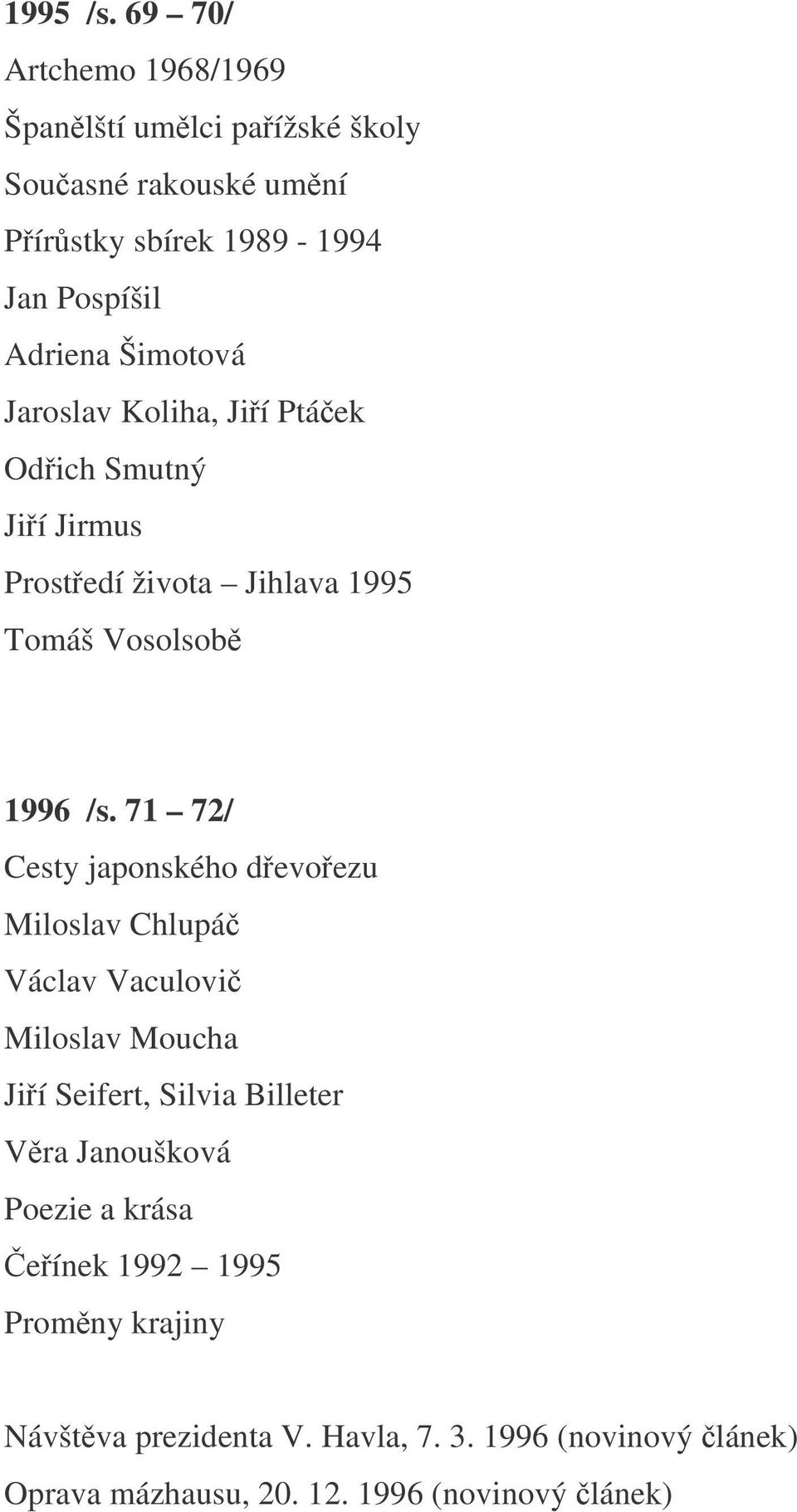 Šimotová Jaroslav Koliha, Jií Ptáek Odich Smutný Jií Jirmus Prostedí života Jihlava 1995 Tomáš Vosolsob 1996 /s.