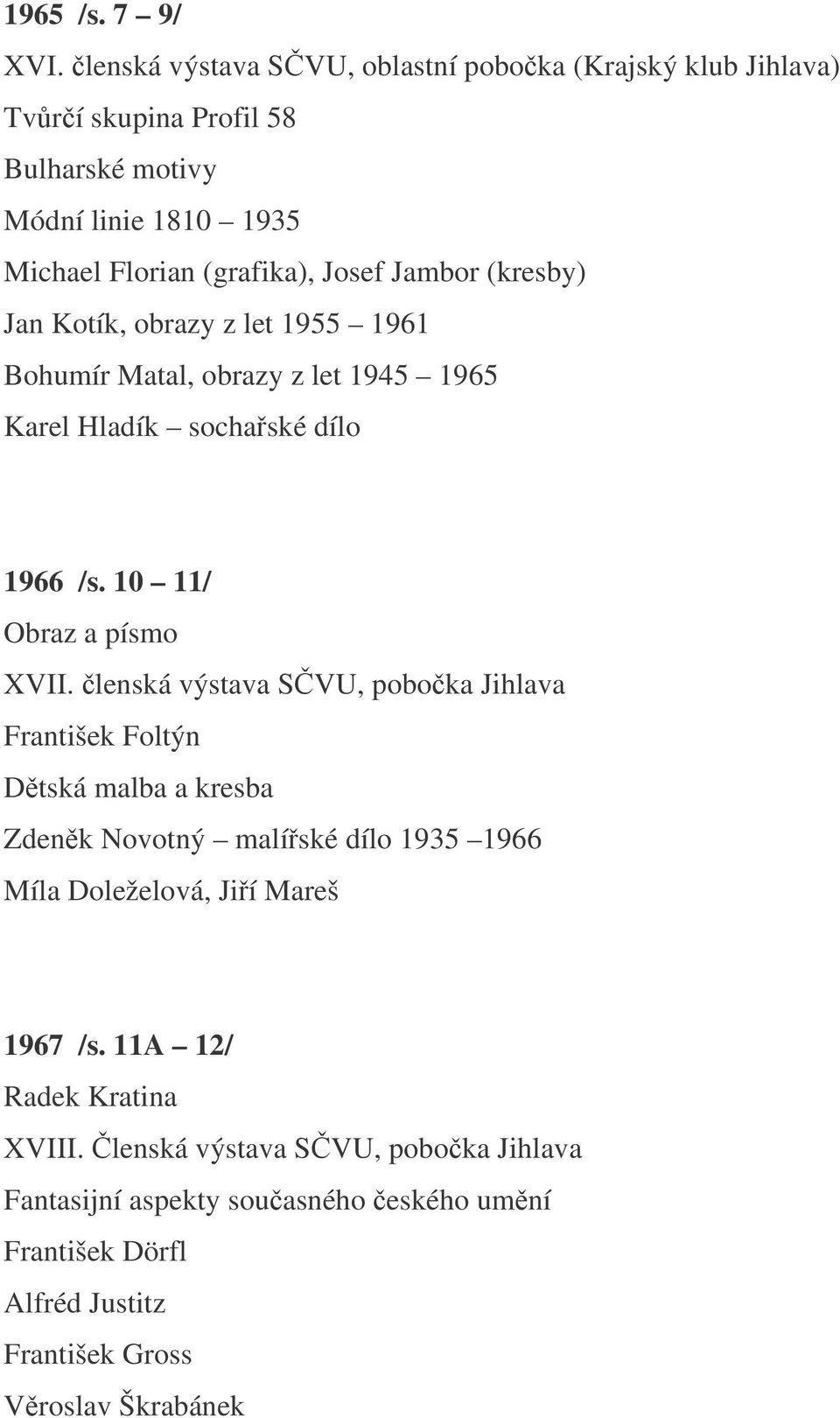 Jambor (kresby) Jan Kotík, obrazy z let 1955 1961 Bohumír Matal, obrazy z let 1945 1965 Karel Hladík sochaské dílo 1966 /s. 10 11/ Obraz a písmo XVII.