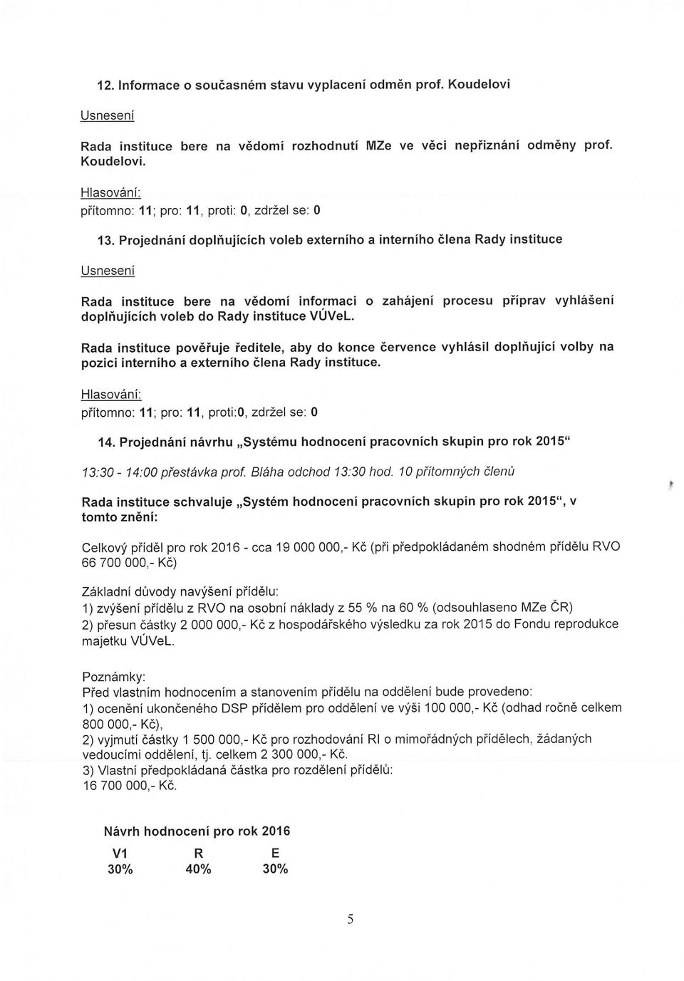 Rada instituce pověřuje ředitele, aby do konce července vyhlásil doplňujícĺ volby na pozici interního a externího člena Rady instituce. přítomno: 11; pro: 11, proti:0, zdržel se: O 14.