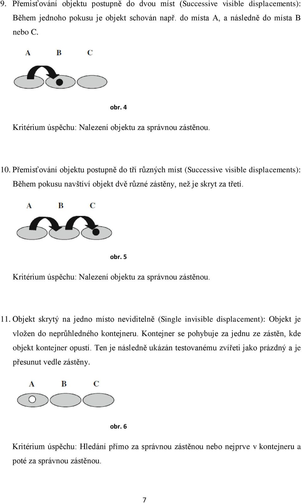 Přemisťování objektu postupně do tří různých míst (Successive visible displacements): Během pokusu navštíví objekt dvě různé zástěny, než je skryt za třetí. obr.