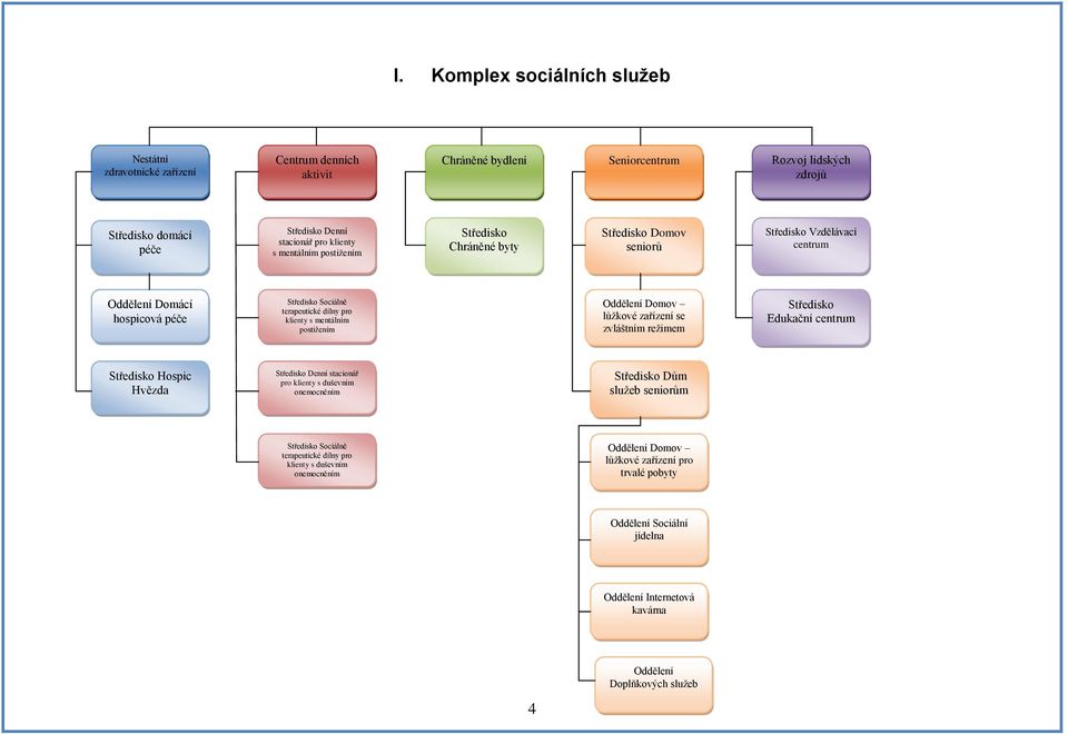postižením Oddělení Domov lůžkové zařízení se zvláštním režimem Středisko Edukační centrum Středisko Hospic Hvězda Středisko Denní stacionář pro klienty s duševním onemocněním Středisko Dům služeb