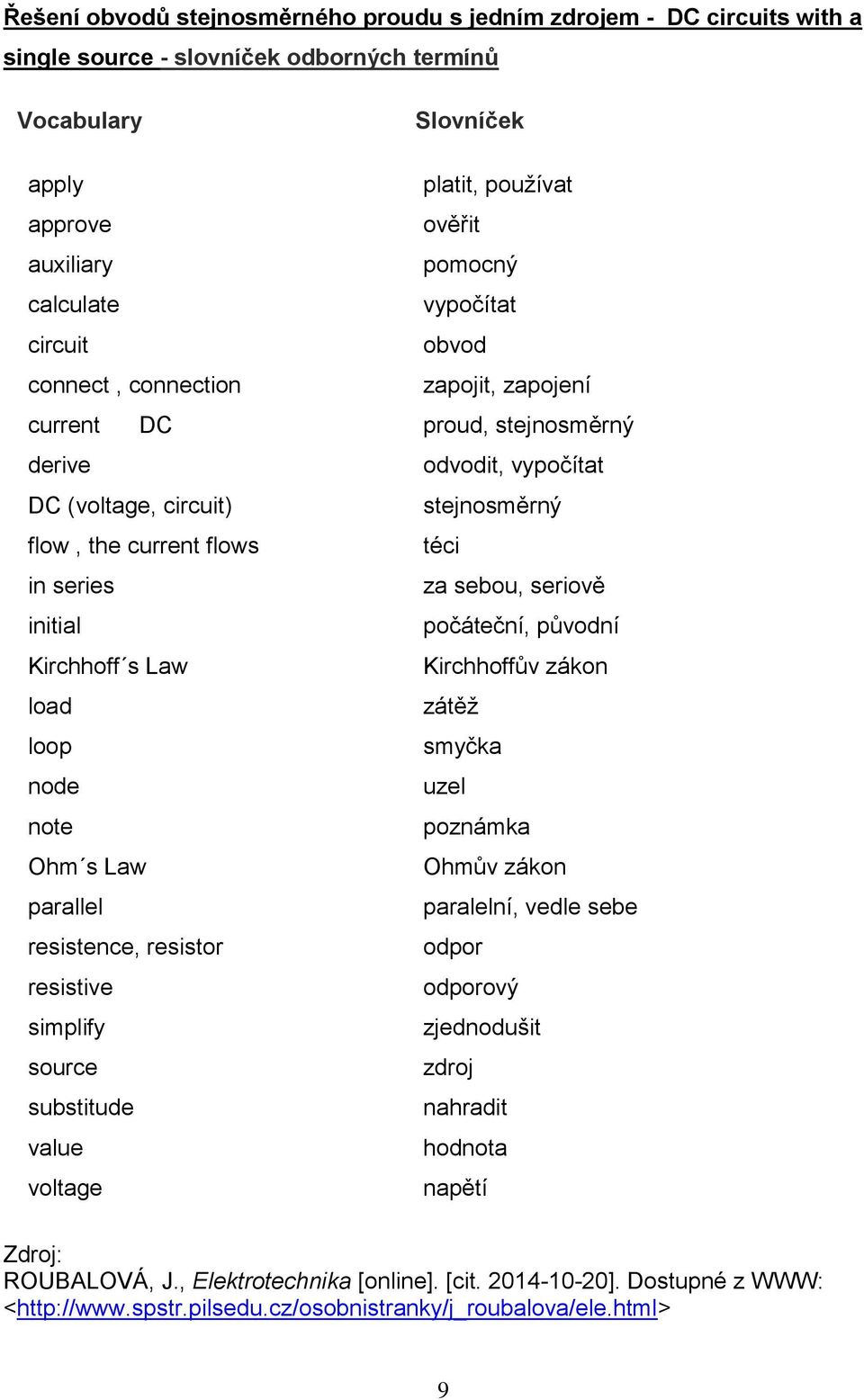 series za sebou, seriově initial počáteční, původní Kirchhoff s Law Kirchhoffův zákon load zátěž loop smyčka node uzel note poznámka Ohm s Law Ohmův zákon parallel paralelní, vedle sebe resistence,