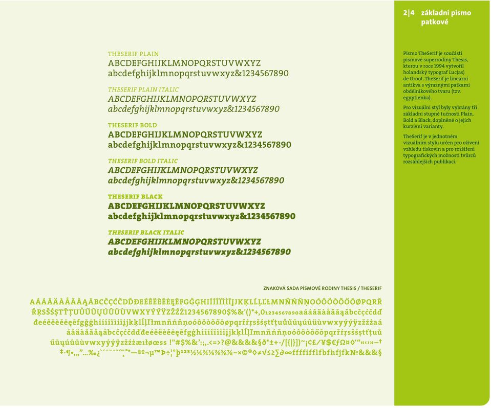 superrodiny Thesis, kterou v roce 1994 vytvořil holandský typograf Luc(as) de Groot. TheSerif je lineární antikva s výraznými patkami obdélníkového tvaru (tzv. egyptienka).