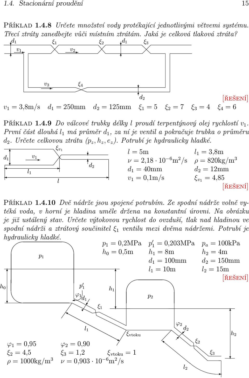 První část dlouhá l má průměr d, za ní je ventil a pokračuje trubka o průměru d. Určete celkovou ztrátu (p z, h z, e z ). Potrubí je hydraulicky hladké.