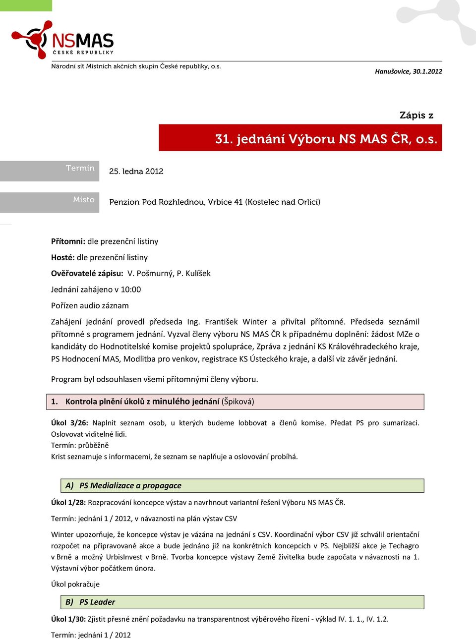 Vyzval členy výboru NS MAS ČR k případnému doplnění: žádost MZe o kandidáty do Hodnotitelské komise projektů spolupráce, Zpráva z jednání KS Královéhradeckého kraje, PS Hodnocení MAS, Modlitba pro