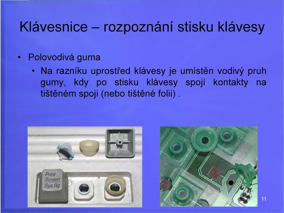 vodivý pruh gumy, kdy po stisku klávesy spojí