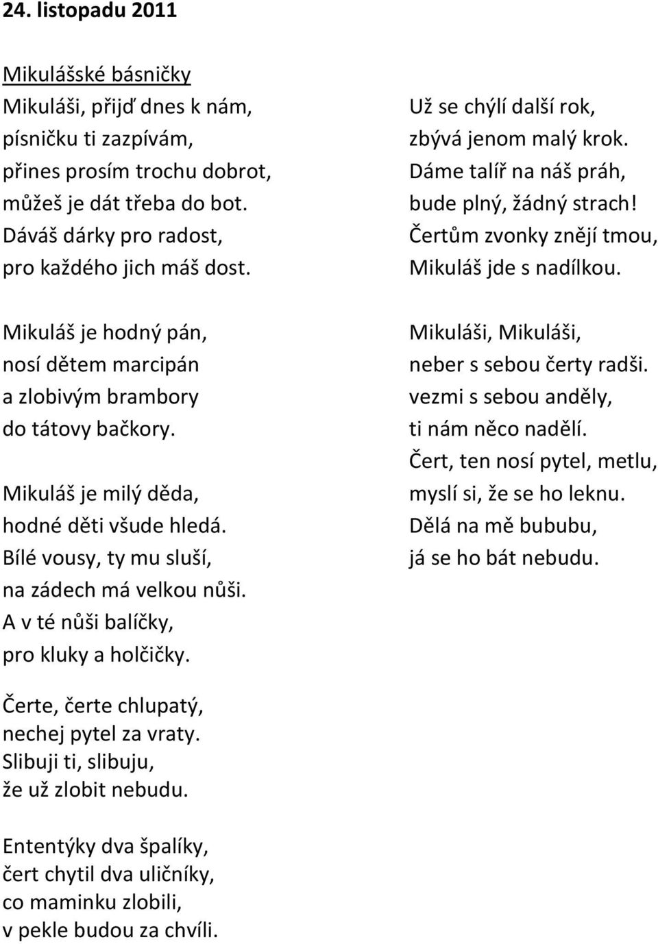 A v té nůši balíčky, pro kluky a holčičky. Už se chýlí další rok, zbývá jenom malý krok. Dáme talíř na náš práh, bude plný, žádný strach! Čertům zvonky znějí tmou, Mikuláš jde s nadílkou.