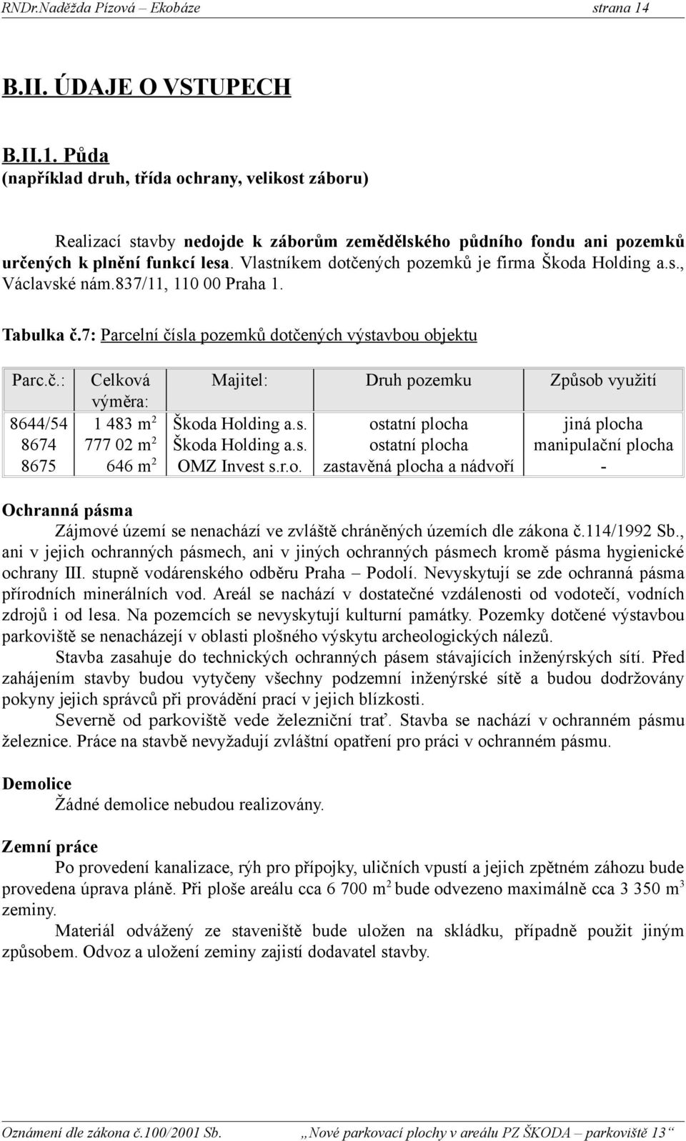 s. ostatní plocha jiná plocha 8674 777 02 m 2 Škoda Holding a.s. ostatní plocha manipulační plocha 8675 646 m 2 OMZ Invest s.r.o. zastavěná plocha a nádvoří - Ochranná pásma Zájmové území se nenachází ve zvláště chráněných územích dle zákona č.