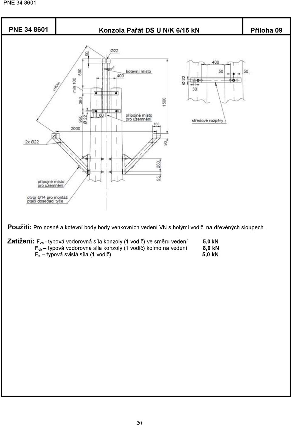 Zatížení: F vs - typová vodorovná síla konzoly (1 vodič) ve směru vedení F vk typová