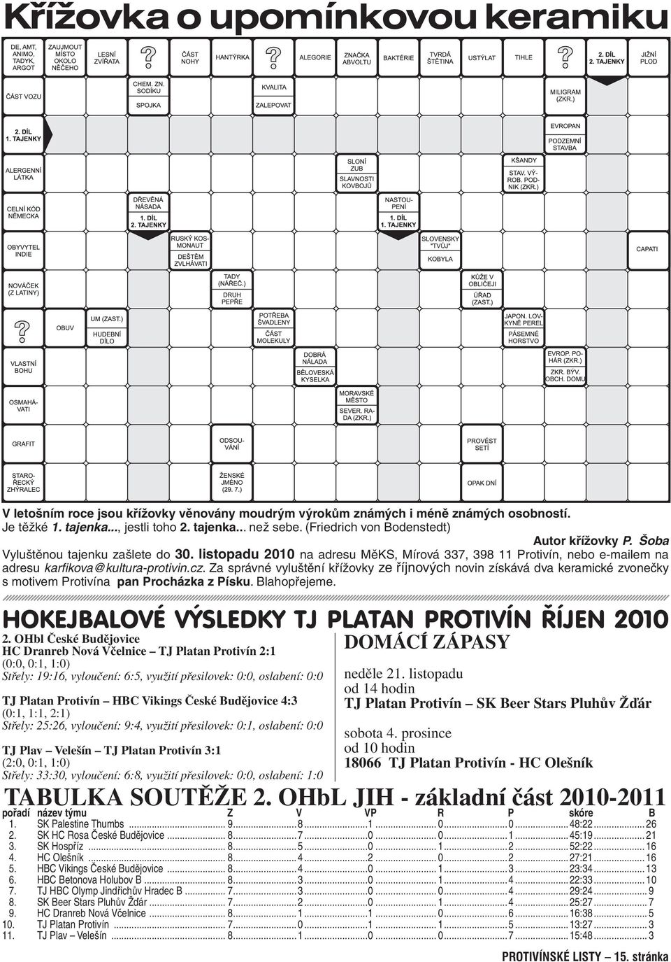 Za správné vyluštění křížovky ze říjnových novin získává dva keramické zvonečky s motivem Protivína pan Procházka z Písku. Blahopřejeme. HOKEJBALOVÉ VÝSLEDKY TJ PLATAN PROTIVÍN ŘÍJEN 2010 2.