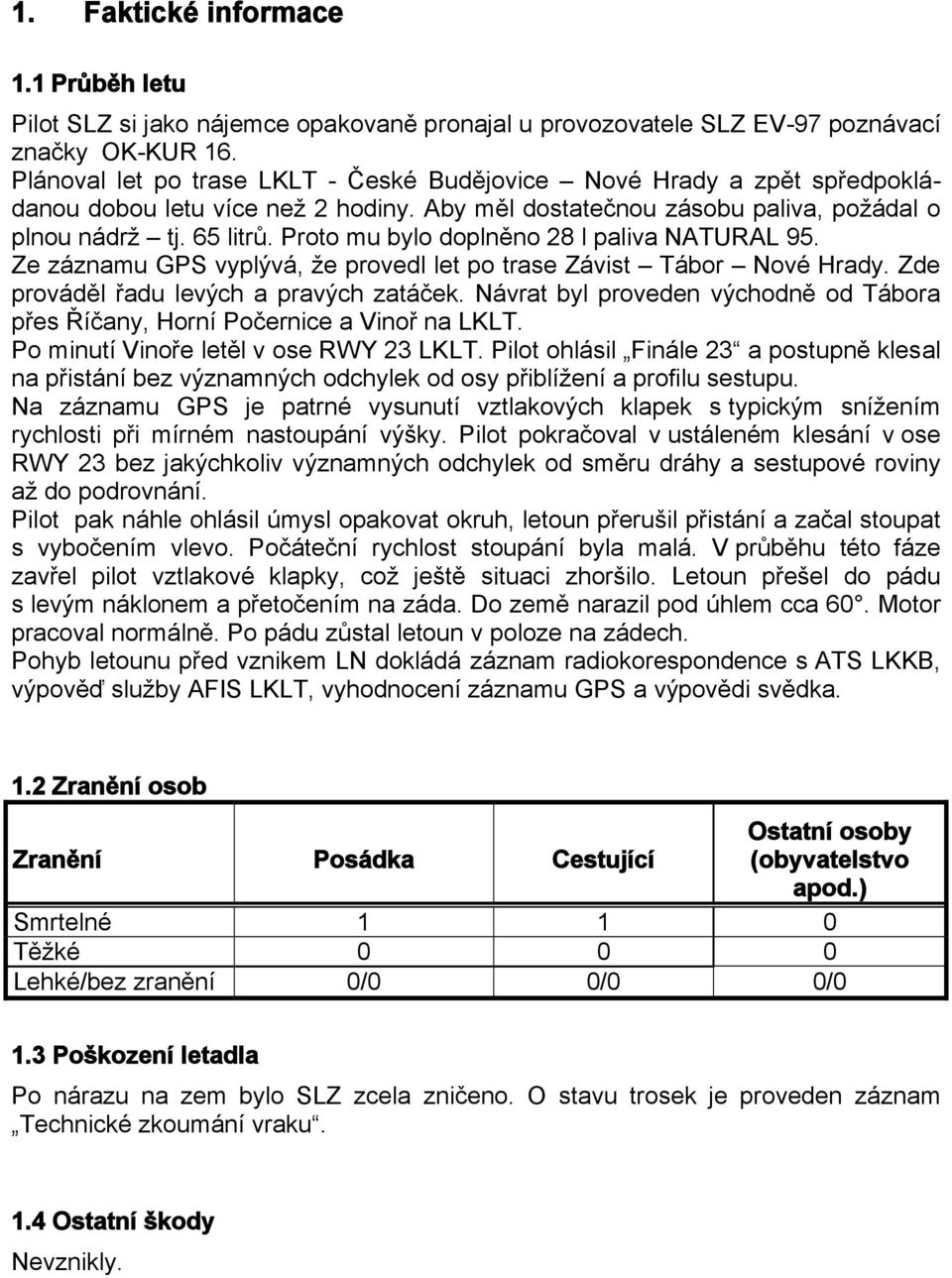 Proto mu bylo doplněno 28 l paliva NATURAL 95. Ze záznamu GPS vyplývá, že provedl let po trase Závist Tábor Nové Hrady. Zde prováděl řadu levých a pravých zatáček.