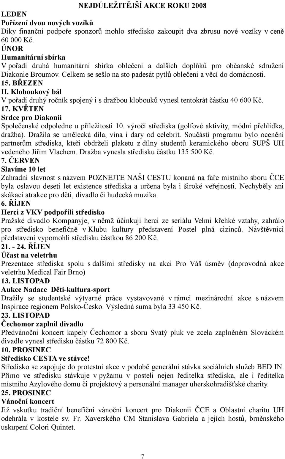 BŘEZEN II. Kloboukový bál V pořadí druhý ročník spojený i s dražbou klobouků vynesl tentokrát částku 40 600 Kč. 17. KVĚTEN Srdce pro Diakonii Společenské odpoledne u příležitosti 10.