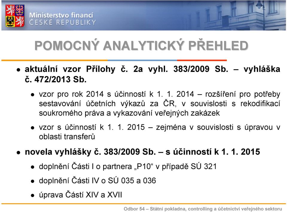 1. 2014 rozšíření pro potřeby sestavování účetních výkazů za ČR, v souvislosti s rekodifikací soukromého práva a vykazování