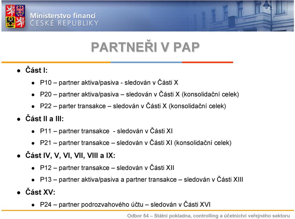 partner transakce sledován v Části XI (konsolidační celek) Část IV, V, VI, VII, VIII a IX: P12 partner transakce sledován v Části