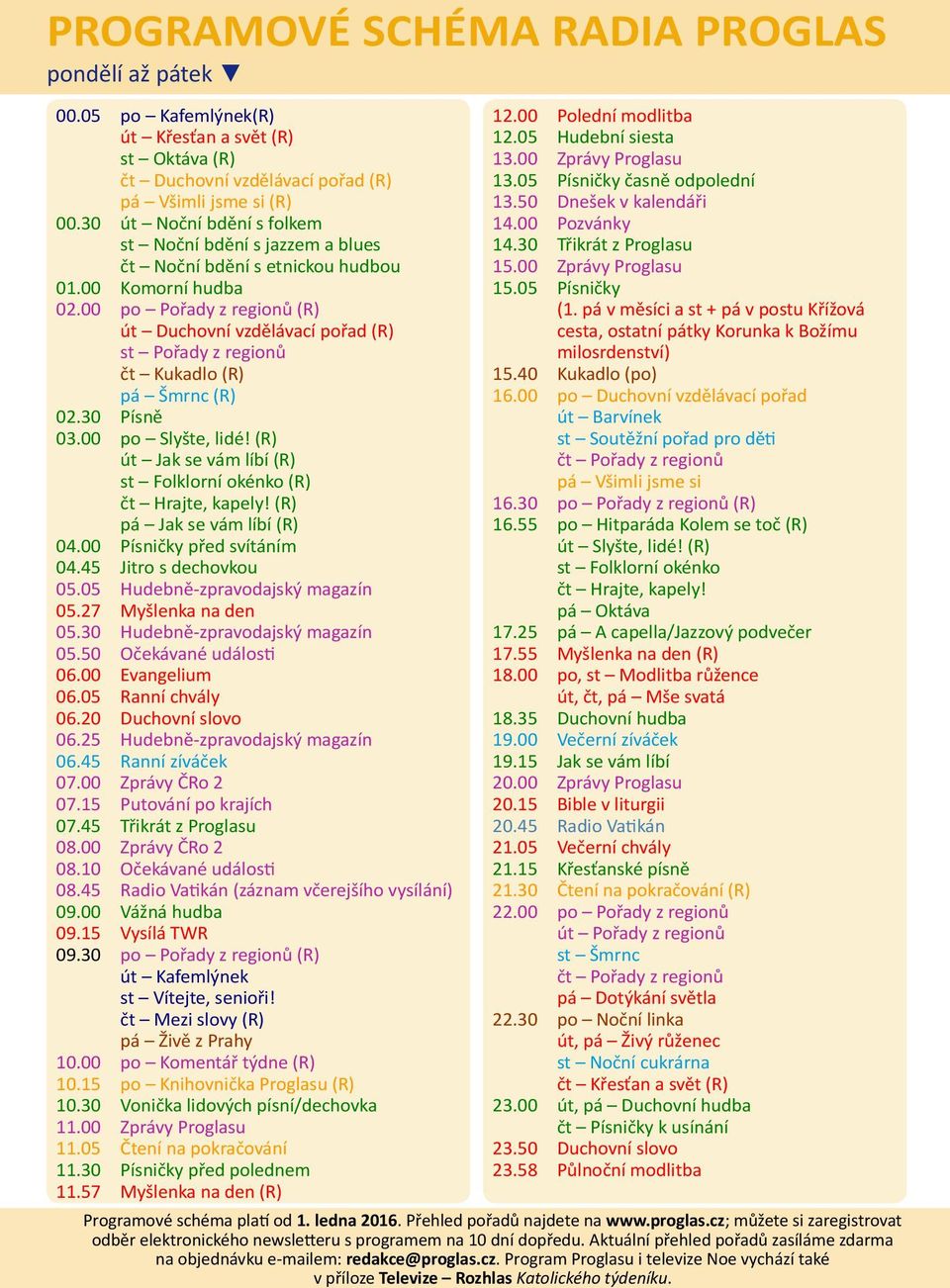 00 po Pořady z regionů (R) út Duchovní vzdělávací pořad (R) st Pořady z regionů čt Kukadlo (R) pá Šmrnc (R) 02.30 Písně 03.00 po Slyšte, lidé!