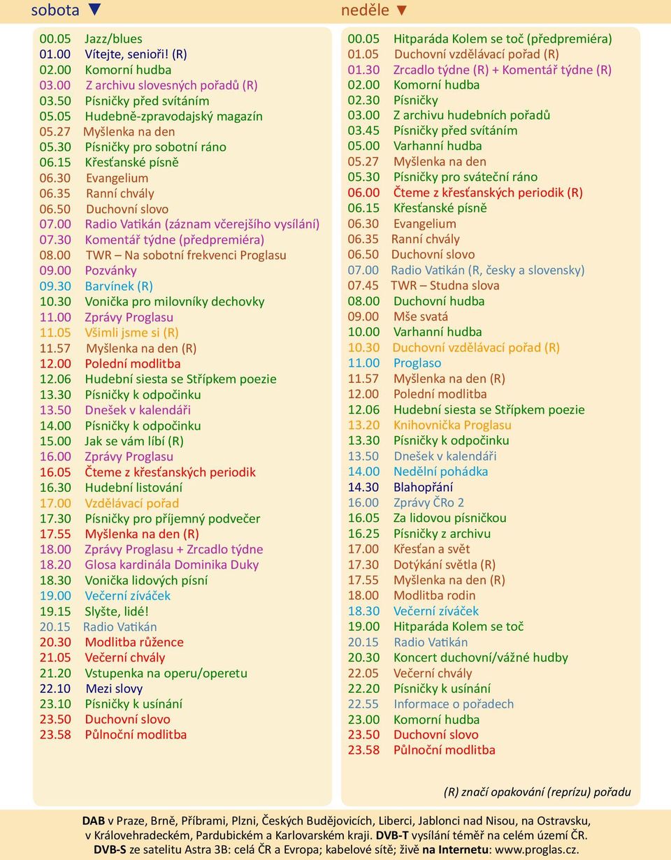 00 TWR Na sobotní frekvenci Proglasu 09.00 Pozvánky 09.30 Barvínek (R) 10.30 Vonička pro milovníky dechovky 11.00 Zprávy Proglasu 11.05 Všimli jsme si (R) 11.57 Myšlenka na den (R) 12.