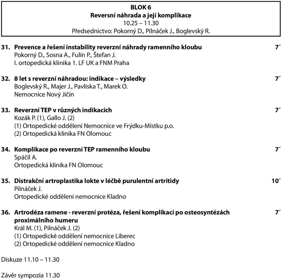 Reverzní TEP v různých indikacích 7 Kozák P. (1), Gallo J. (2) (1) Ortopedické oddělení Nemocnice ve Frýdku-Místku p.o. (2) Ortopedická klinika FN Olomouc 34.