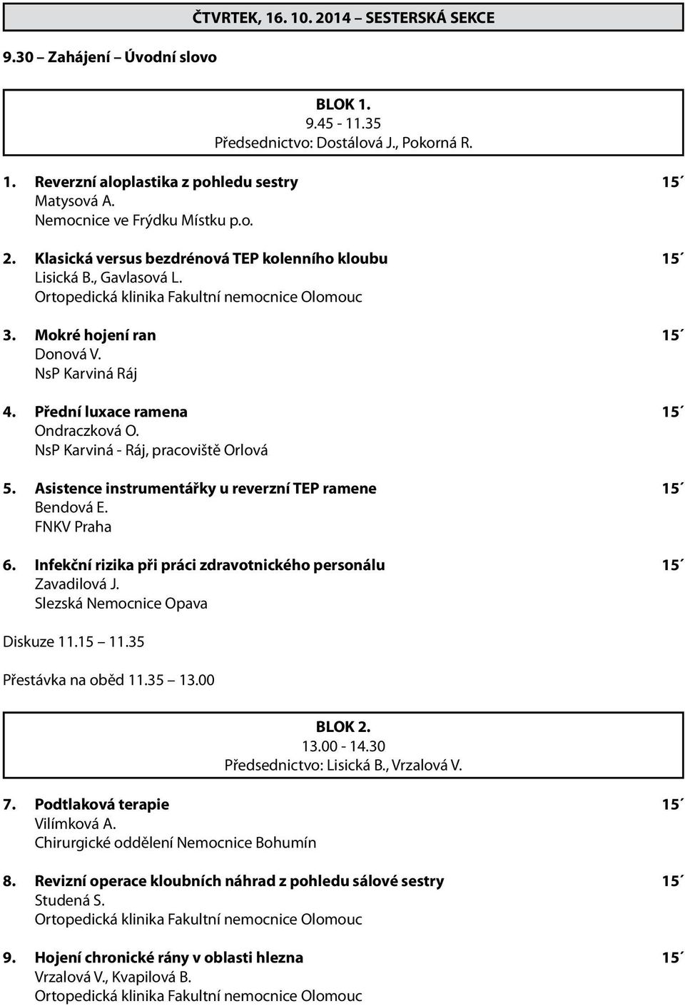 NsP Karviná Ráj 4. Přední luxace ramena 15 Ondraczková O. NsP Karviná - Ráj, pracoviště Orlová 5. Asistence instrumentářky u reverzní TEP ramene 15 Bendová E. FNKV Praha 6.