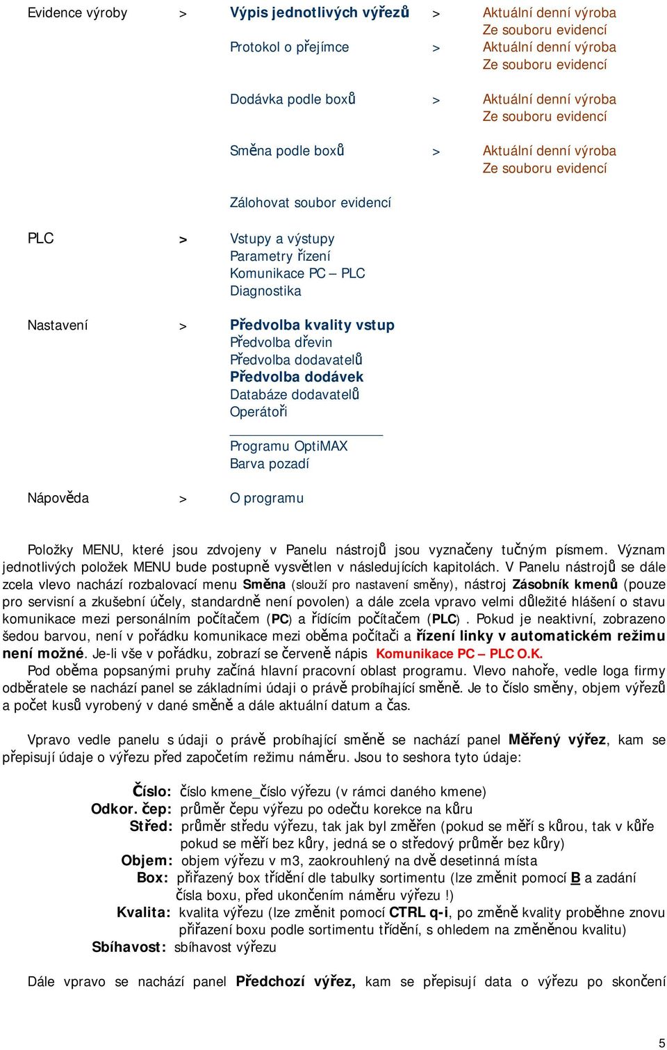 kvality vstup Předvolba dřevin Předvolba dodavatelů Předvolba dodávek Databáze dodavatelů Operátoři Programu OptiMAX Barva pozadí Nápověda > O programu Položky MENU, které jsou zdvojeny v Panelu