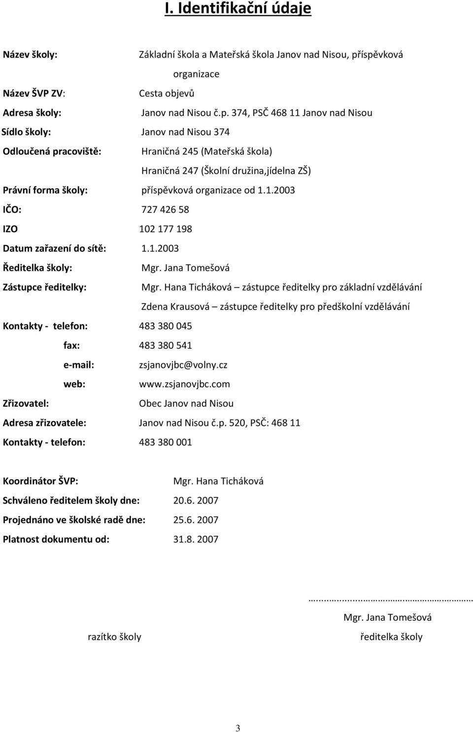 Hraničná 47 (Školní družina,jídelna ZŠ) Právní forma školy: příspěvková organizace od..003 IČO: 77 46 58 IZO 0 77 98 Datum zařazení do sítě:..003 Ředitelka školy: Mgr.