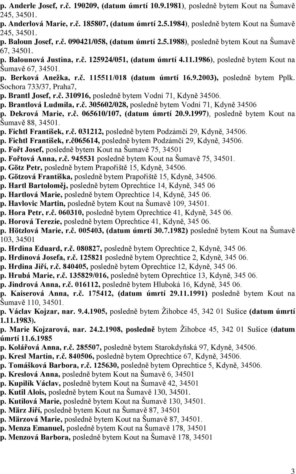 č. 115511/018 (datum úmrtí 16.9.2003), posledně bytem Pplk. Sochora 733/37, Praha7, p. Brantl Josef, r.č. 310916, posledně bytem Vodní 71, Kdyně 34506. p. Brantlová Ludmila, r.č. 305602/028, posledně bytem Vodní 71, Kdyně 34506 p.