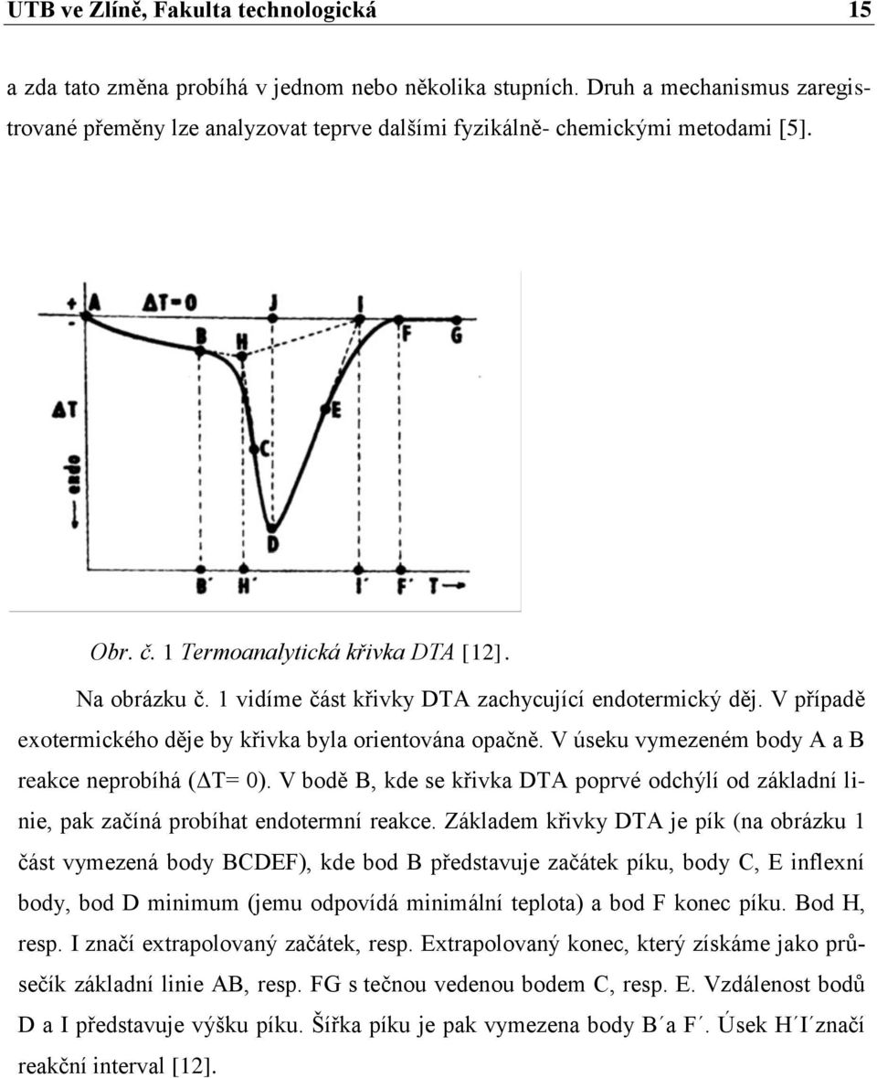 1 vidíme část křivky DTA zachycující endotermický děj. V případě exotermického děje by křivka byla orientována opačně. V úseku vymezeném body A a B reakce neprobíhá (ΔT= 0).