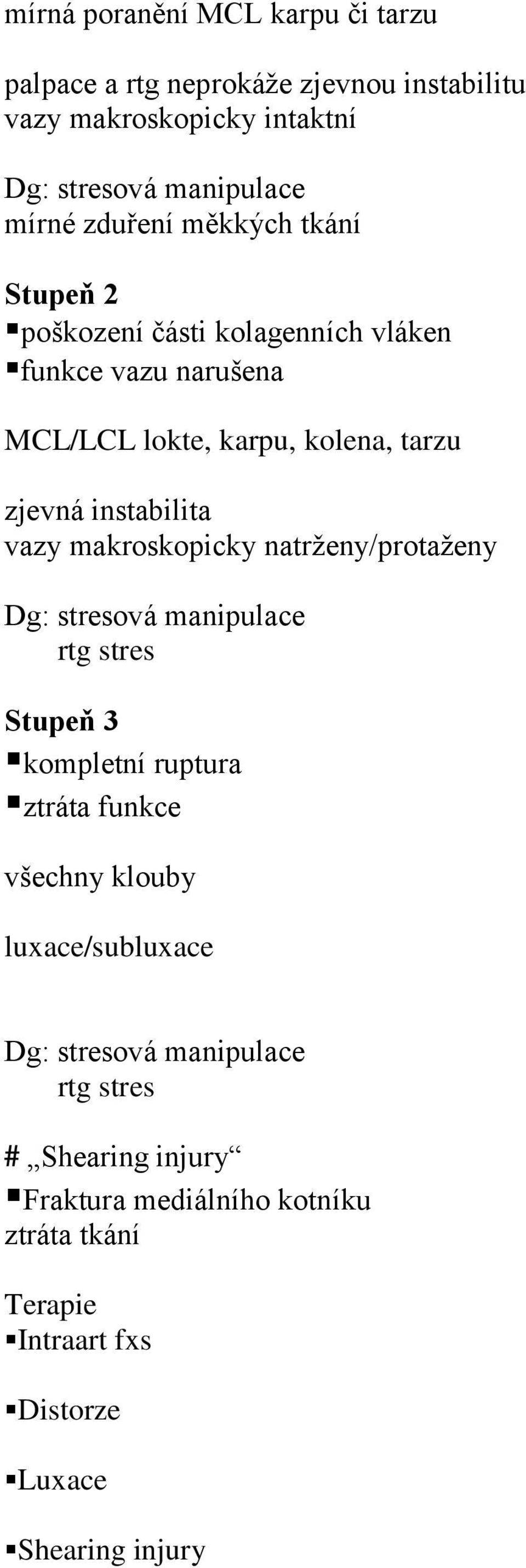 instabilita vazy makroskopicky natrženy/protaženy Dg: stresová manipulace rtg stres Stupeň 3 kompletní ruptura ztráta funkce všechny klouby